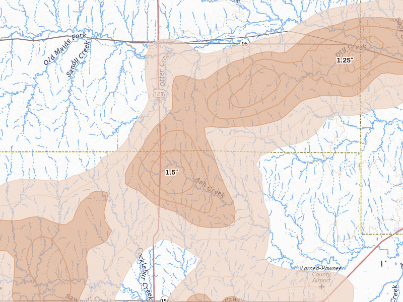 Radar-estimated hail-size map of the storm over Rush Center, KS