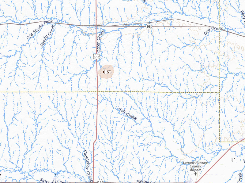 Radar-estimated hail-size map of the storm over Rush Center, KS on Jul 3, 2026