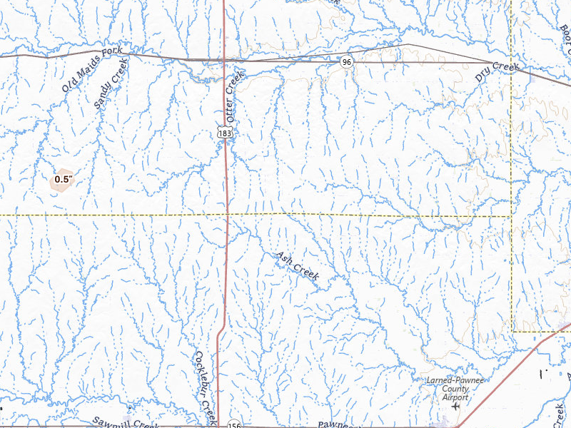 Radar-estimated hail-size map of the storm over Rush Center, KS on Jul 4, 2026