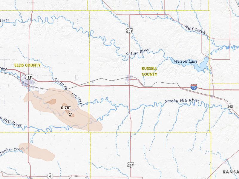 Radar-estimated hail-size map of the storm over Russell, KS on Apr 8, 2026