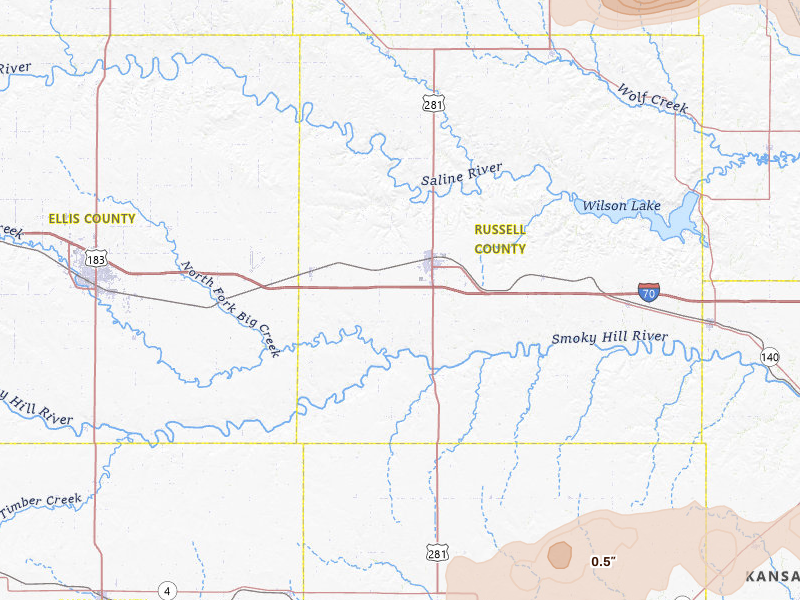Radar-estimated hail-size map of the storm over Russell, KS on Apr 9, 2026