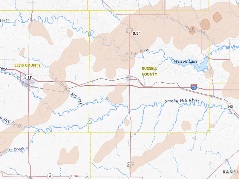 Radar-estimated hail-size map of the storm over Russell, KS on Apr 26, 2026