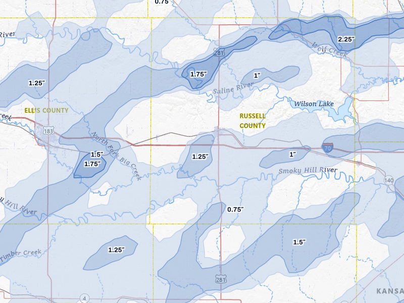 NEXRAD radar-signature map of the hail over Russell, KS