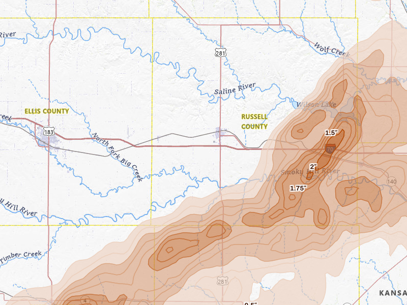Radar-estimated hail-size map of the storm over Russell, KS on May 17, 2026