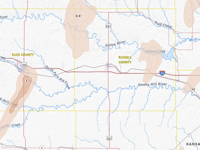 Radar-estimated hail-size map of the storm over Russell, KS on May 29, 2026