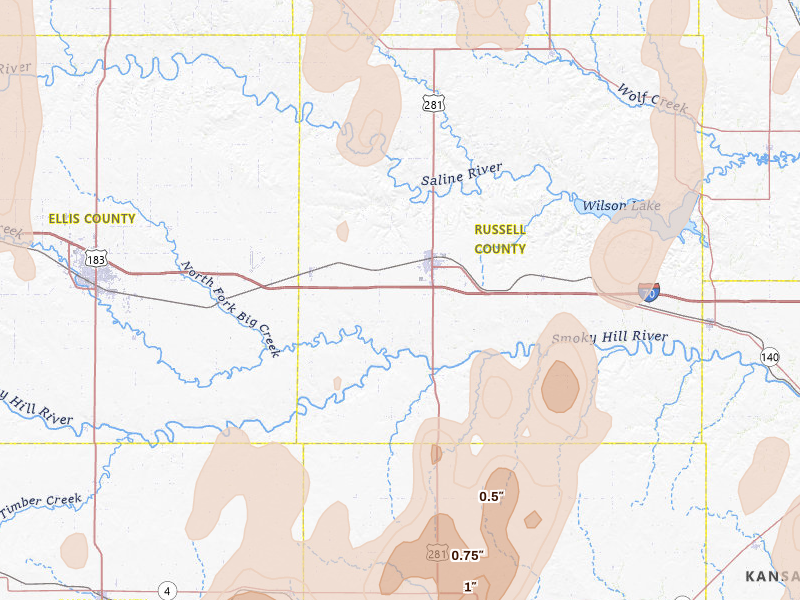 Radar-estimated hail-size map of the storm over Russell, KS on May 30, 2026