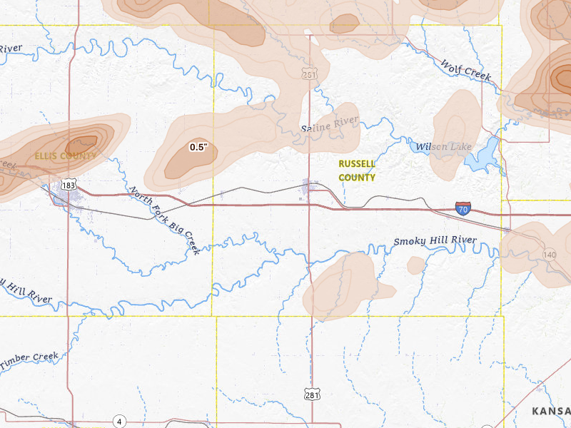 Radar-estimated hail-size map of the storm over Russell, KS on Jun 8, 2026