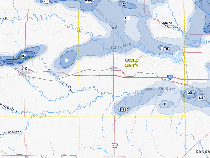 NEXRAD radar-signature map of the hail storm over Russell, KS on Jun 8, 2026