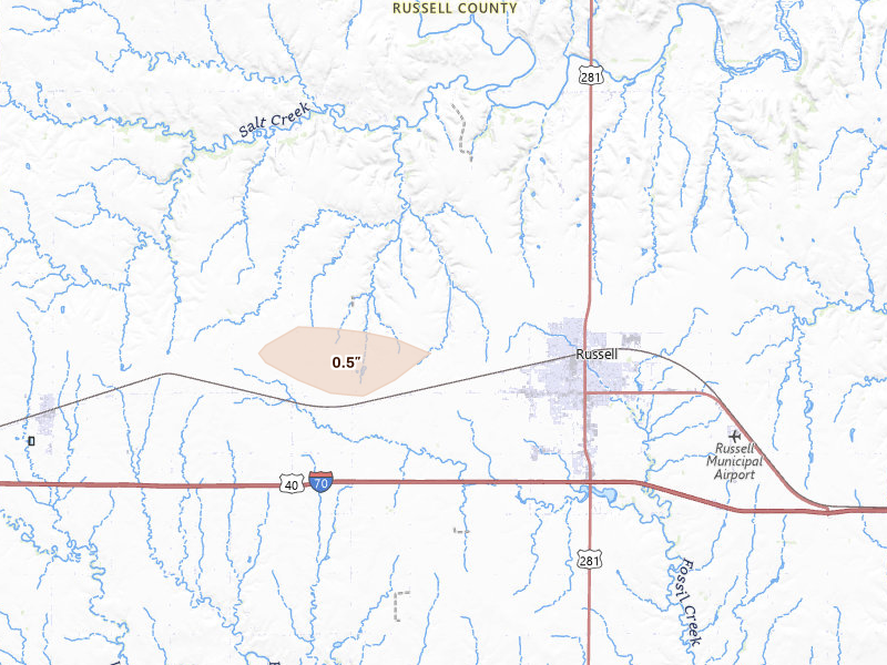 Radar-estimated hail-size map of the storm over Russell, KS on Aug 4, 2026