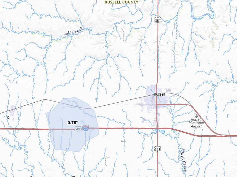 NEXRAD radar-signature map of the hail storm over Russell, KS on Aug 4, 2026