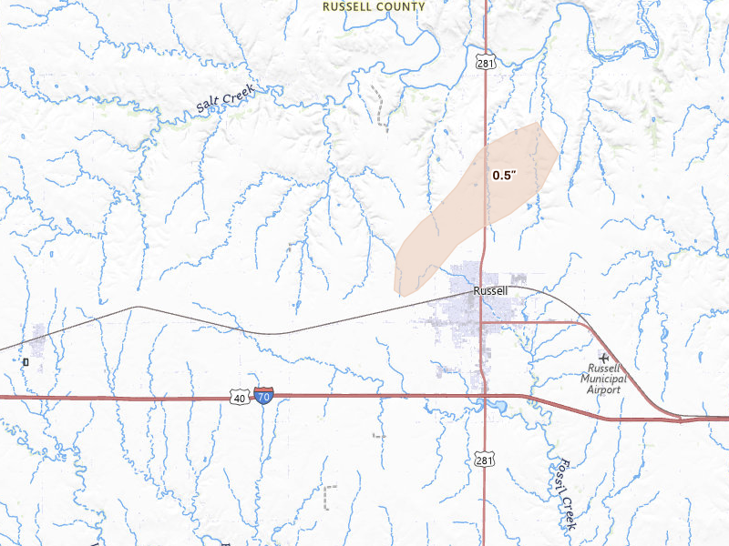 Radar-estimated hail-size map of the storm over Russell, KS on Aug 13, 2026