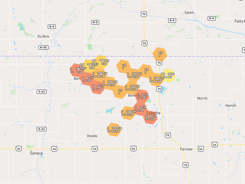 Hail map of Sabetha, KS on Jun 5, 2026, hail up to 1.75"