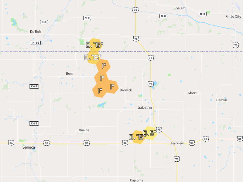 Hail map of Sabetha, KS on Jun 6, 2026, hail up to 1"