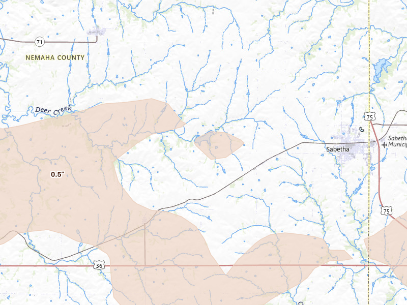 Radar-estimated hail-size map of the storm over Sabetha, KS on Aug 19, 2026