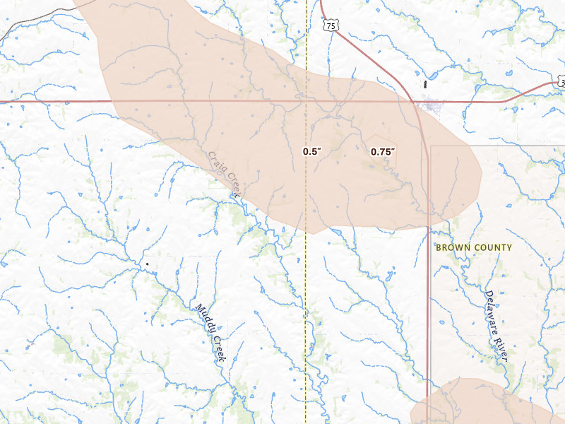 Radar-estimated hail-size map of the storm over Sabetha, KS on Aug 21, 2026