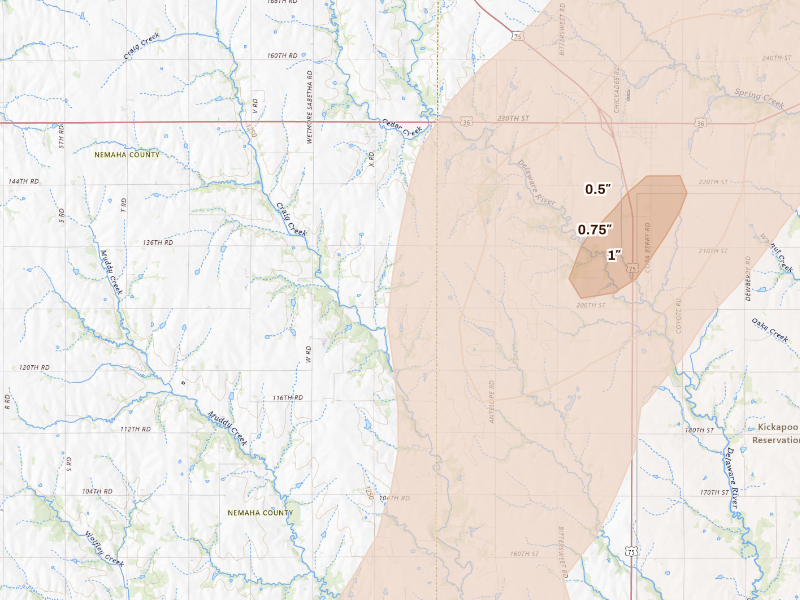 Radar-estimated hail-size map of the storm over Sabetha, KS on Sep 19, 2026