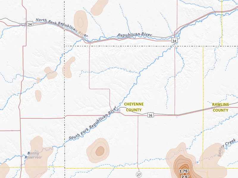 Radar-estimated hail-size map of the storm over Saint Francis, KS on May 16, 2026