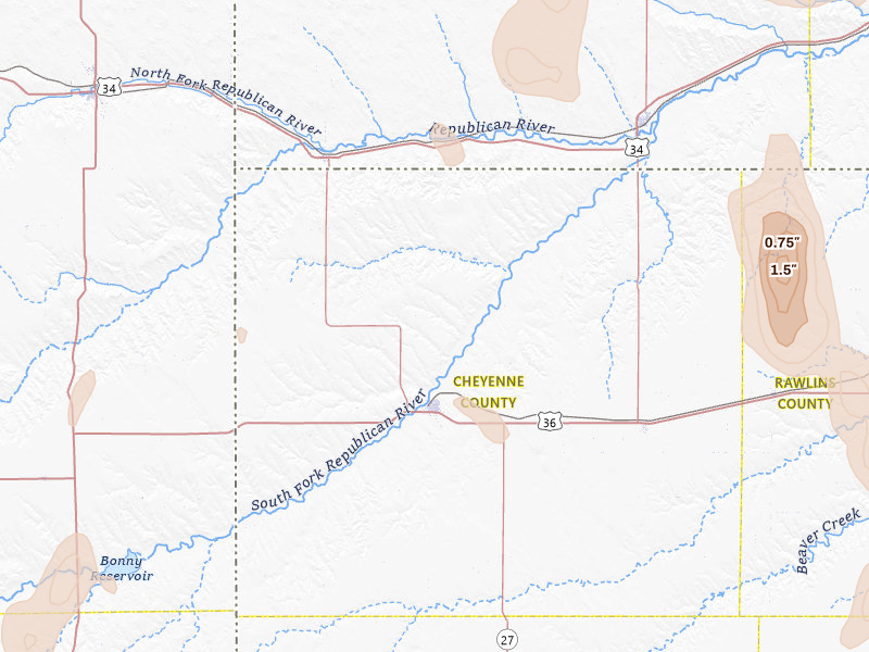 Radar-estimated hail-size map of the storm over Saint Francis, KS on May 29, 2026