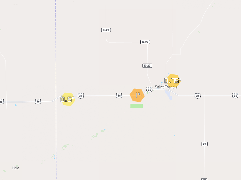 Hail map of Saint Francis, KS on Jun 9, 2026, hail up to 1"
