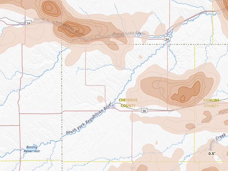 Radar-estimated hail-size map of the storm over Saint Francis, KS on Jun 20, 2026