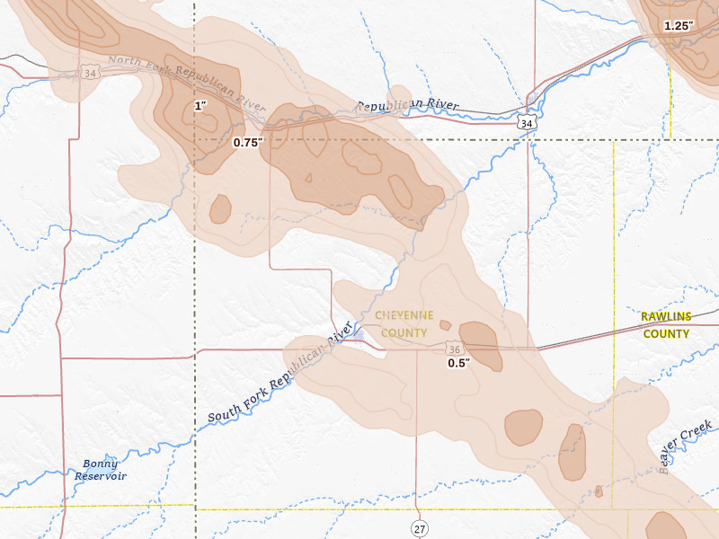 Radar-estimated hail-size map of the storm over Saint Francis, KS