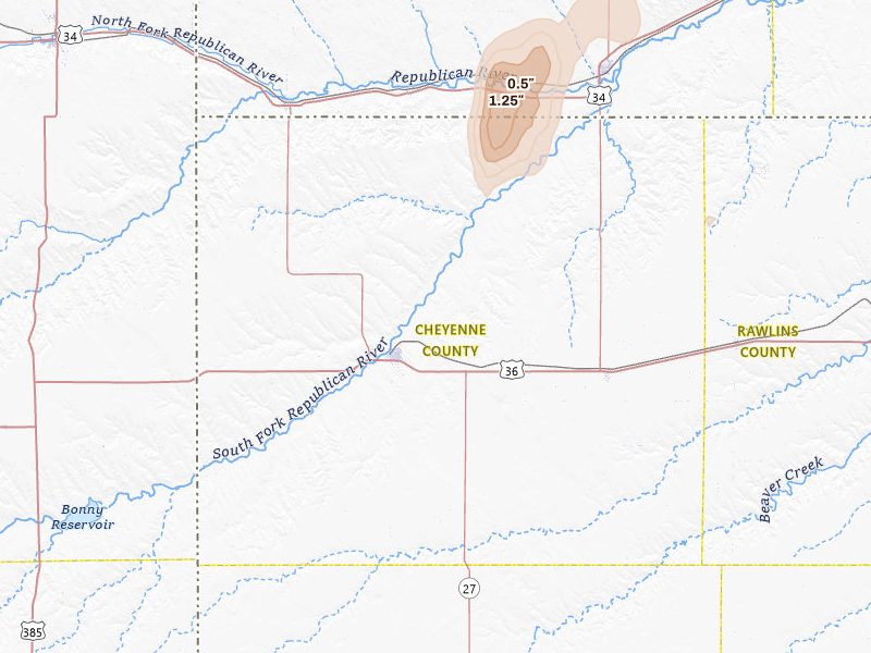 Radar-estimated hail-size map of the storm over Saint Francis, KS on Jul 1, 2026