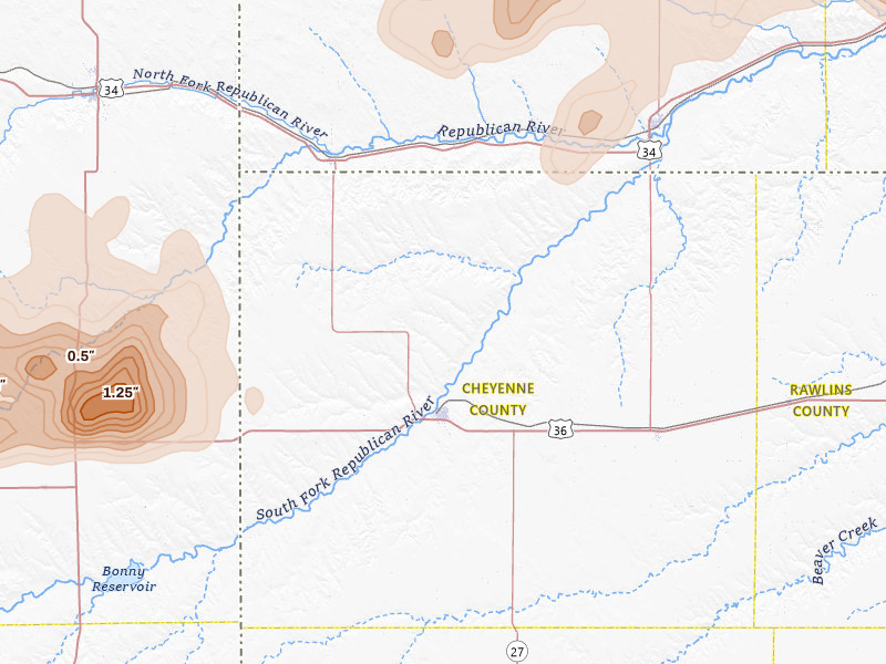 Radar-estimated hail-size map of the storm over Saint Francis, KS on Jul 2, 2026