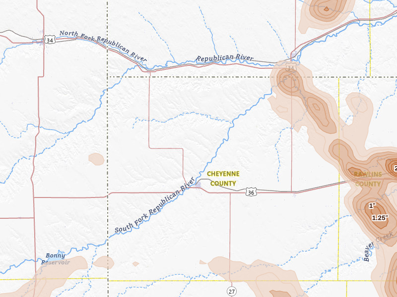 Radar-estimated hail-size map of the storm over Saint Francis, KS on Jul 9, 2026