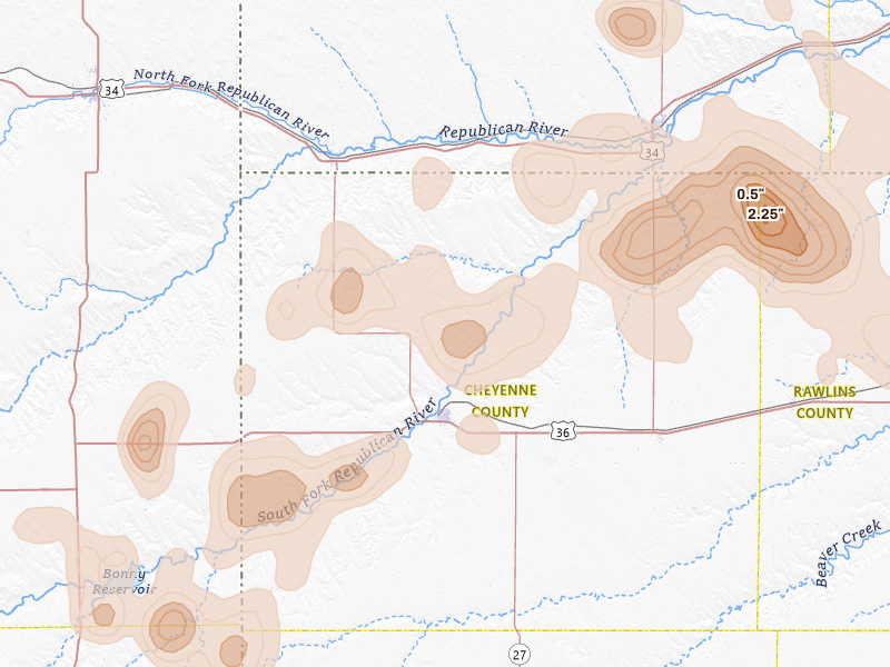 Radar-estimated hail-size map of the storm over Saint Francis, KS on Jul 27, 2026