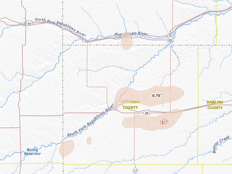 Radar-estimated hail-size map of the storm over Saint Francis, KS on Aug 31, 2026