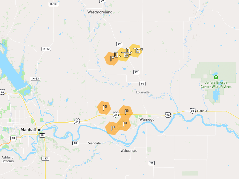 Hail map of Saint George, KS on Jun 9, 2026, hail up to 1.25"