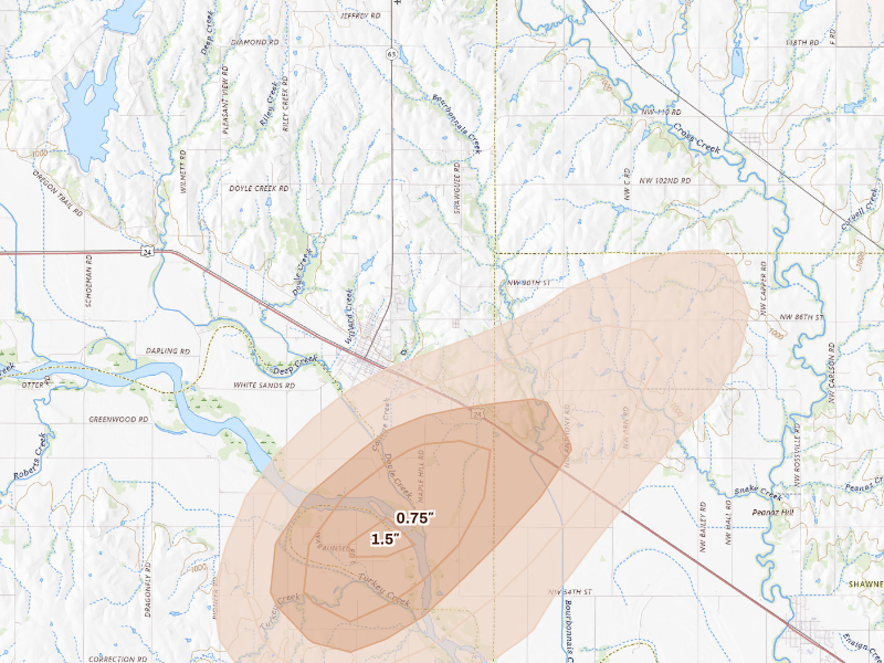 Radar-estimated hail-size map of the storm over Saint Marys, KS