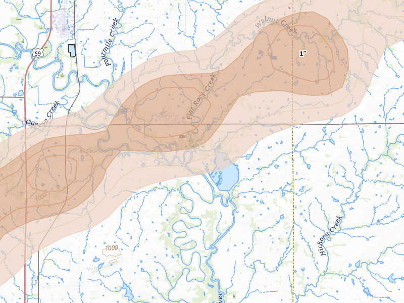 Radar-estimated hail-size map of the storm over Saint Paul, KS on Apr 17, 2026
