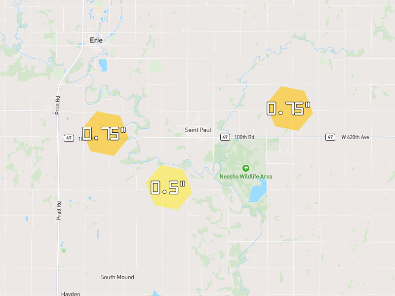 Hail map of Saint Paul, KS on Jun 1, 2026, hail up to 0.75"