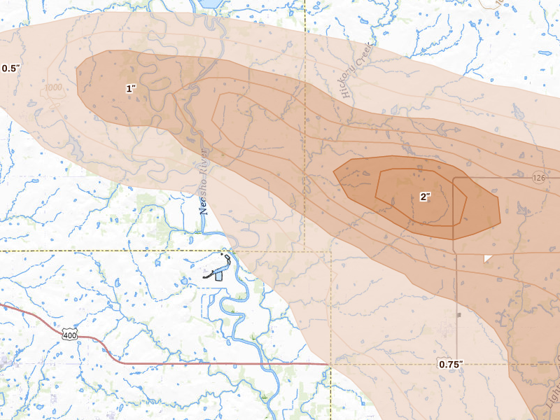 Radar-estimated hail-size map of the storm over Saint Paul, KS on Jun 25, 2026