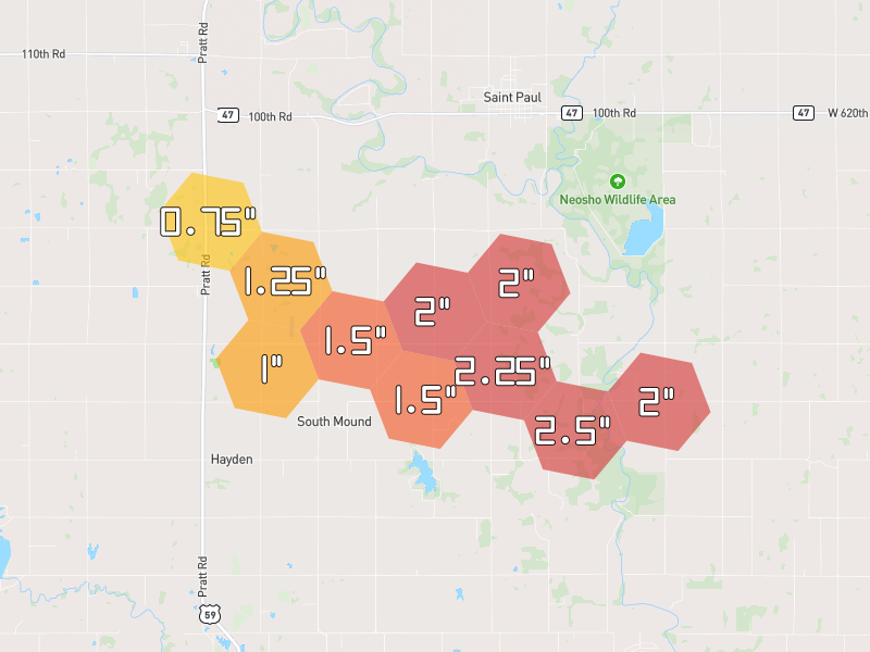 Hail map of Saint Paul, KS on Jun 26, 2026, hail up to 2.5"