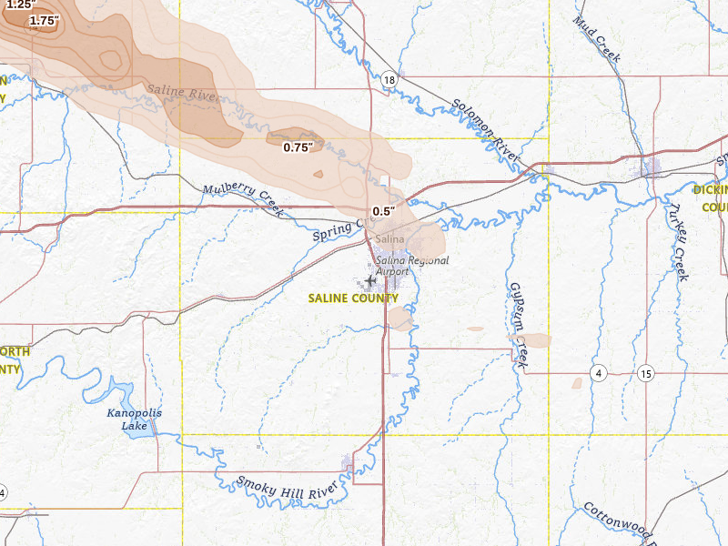 Radar-estimated hail-size map of the storm over Salina, KS on Apr 9, 2026