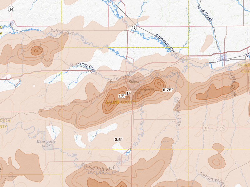 Radar-estimated hail-size map of the storm over Salina, KS on Apr 26, 2026