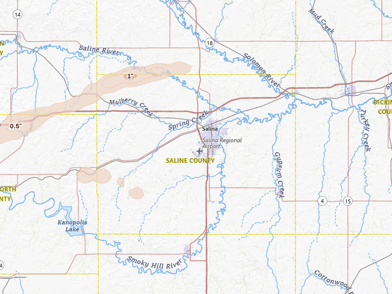 Radar-estimated hail-size map of the storm over Salina, KS on May 14, 2026