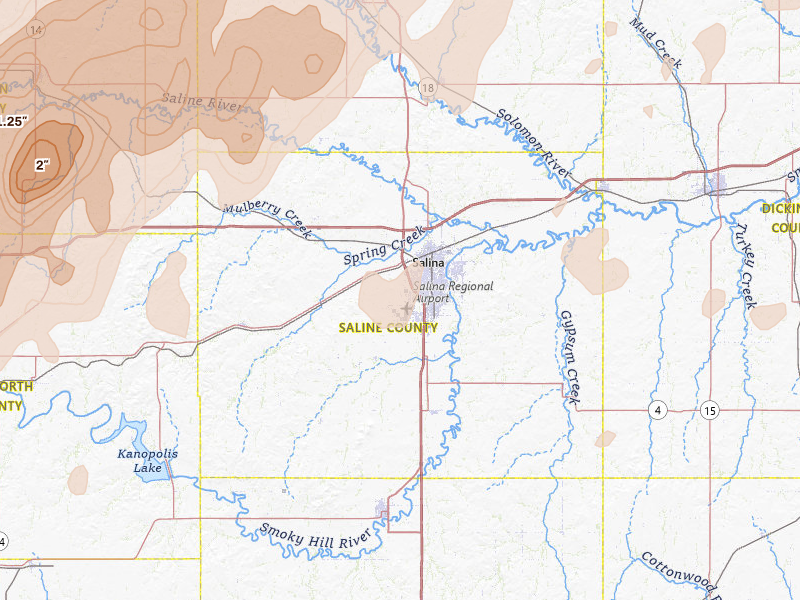 Radar-estimated hail-size map of the storm over Salina, KS on May 17, 2026