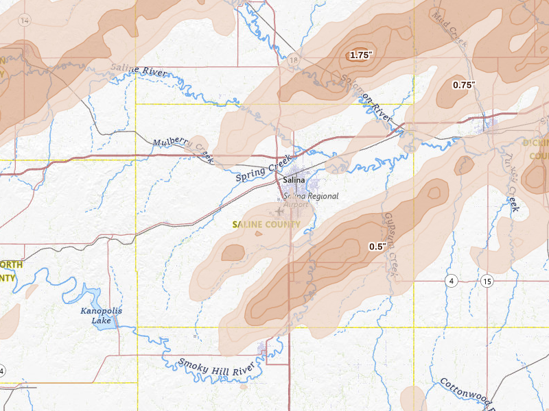 Radar-estimated hail-size map of the storm over Salina, KS on May 18, 2026