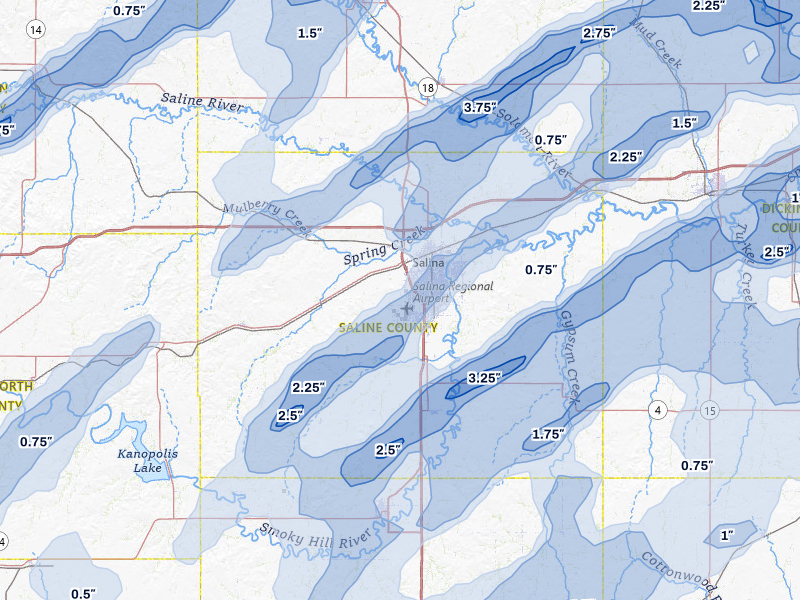 NEXRAD radar-signature map of the hail storm over Salina, KS on May 18, 2026