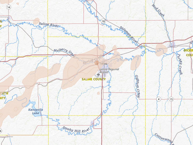 Radar-estimated hail-size map of the storm over Salina, KS on May 30, 2026