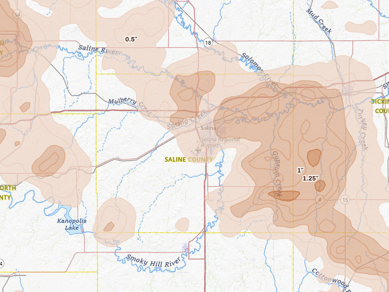 Radar-estimated hail-size map of the storm over Salina, KS on Jun 8, 2026