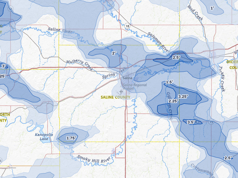 NEXRAD radar-signature map of the hail storm over Salina, KS on Jun 8, 2026