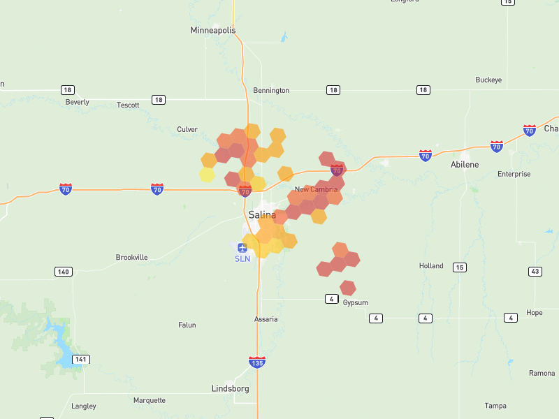 Hail map of Salina, KS on Jun 9, 2026, hail up to 2.5"