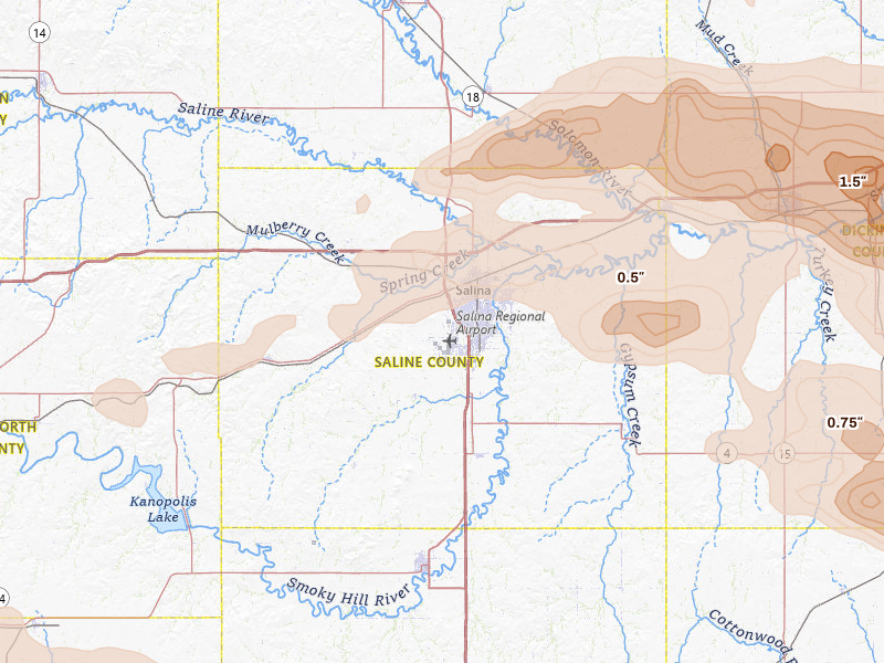 Radar-estimated hail-size map of the storm over Salina, KS on Jun 10, 2026
