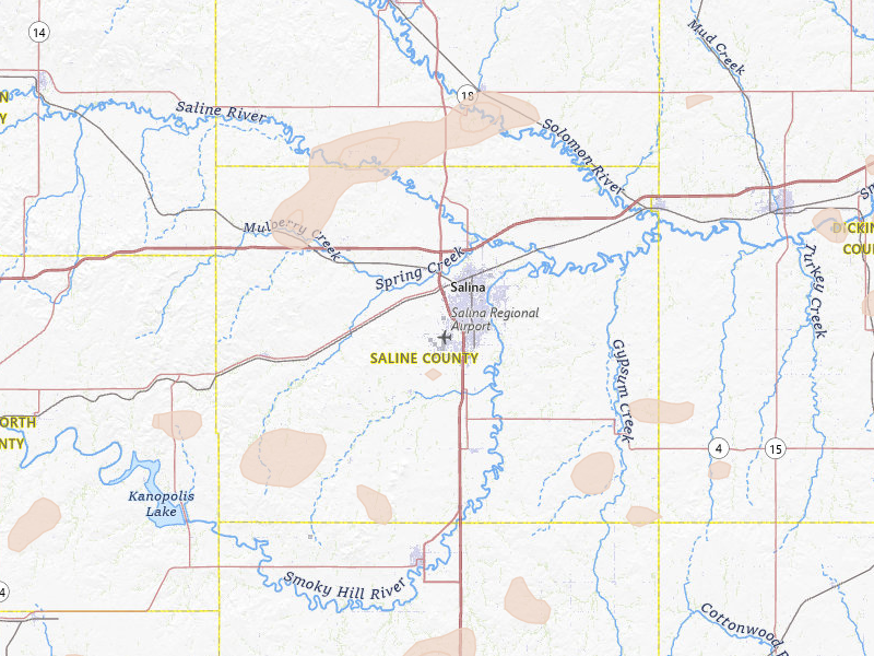 Radar-estimated hail-size map of the storm over Salina, KS on Jul 9, 2026