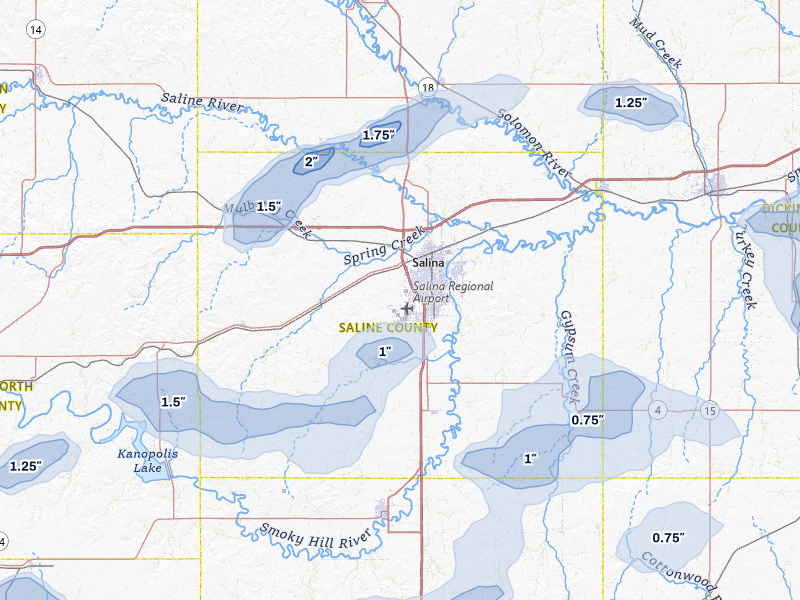 NEXRAD radar-signature map of the hail storm over Salina, KS on Jul 9, 2026
