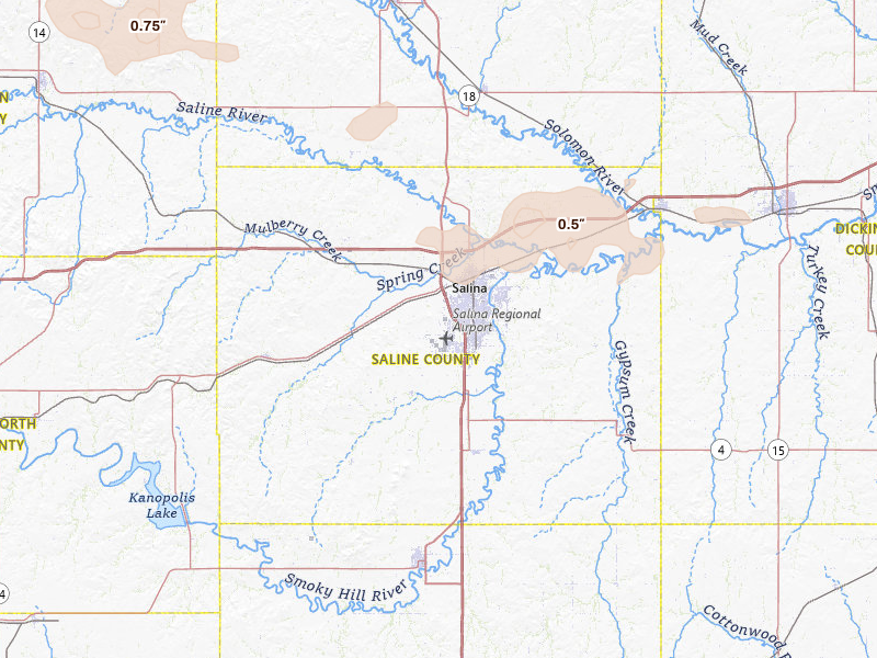 Radar-estimated hail-size map of the storm over Salina, KS on Jul 23, 2026